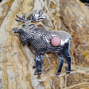 Sterling Silver Pink Conch Shell Moose Elk Pendant 2" Long